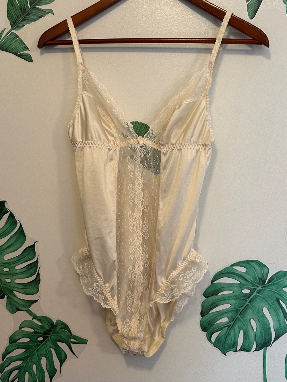 Vintage Ivory Lace Trim Satin Teddy Bodysuit - Women Intimates